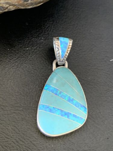Men's Women's Navajo Blue Turquoise Opal Inlay Pendant | Sterling Silver | Authentic Native American Handmade | 12489
