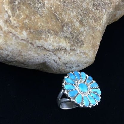 Navajo Blue Kingman Turquoise Cluster Ring | Authentic Native American Sterling Silver | Multi-Stone | Sz 7 | 10112