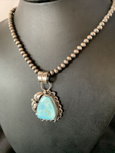 Blue Dry Creek Turquoise Pendant | Navajo Pearl Necklace | Men's Sterling Silver | 12976