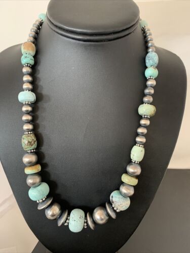 Sterling Silver Navajo Pearls Necklace | Dry Creek Turquoise Beads | Native American Handmade | 21" | 1386