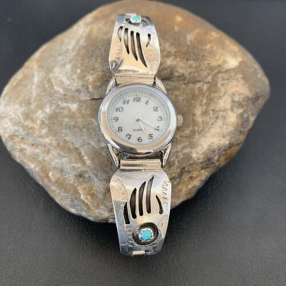 Women's Bear Paw Navajo Sterling Silver Watch Tips with Blue Turquoise Band | Authentic Native American Jewelry | 2095