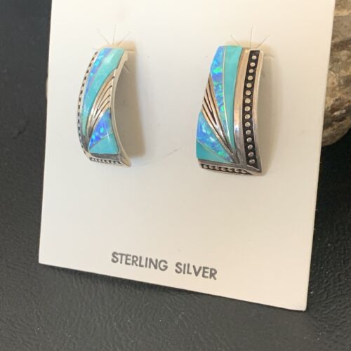 Navajo Blue Opal Turquoise Inlay Earrings | Sterling Silver | Authentic Native American Handmade | 12116