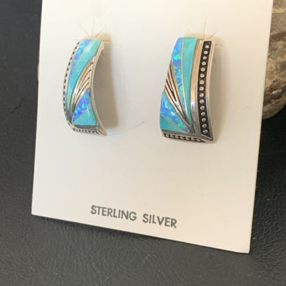 Navajo Blue Opal Turquoise Inlay Earrings | Sterling Silver | Authentic Native American Handmade | 12116