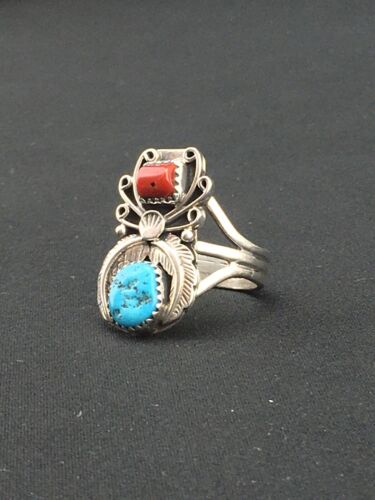 Navajo Southwestern Blue Turquoise & Coral Ring | Authentic Native American Sterling Silver | Multi-Stone | Sz 9.5 | 4857