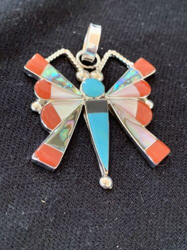 Zuni Turquoise Coral Mother of Pearl Butterfly Necklace Pin Pendant | Inlay | Sterling Silver Inlay | 1369