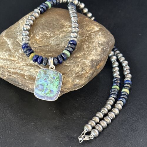 Navajo Green Turquoise Lapis Necklace with Opal Pendant | Sterling Silver | Native American Handmade | 14369