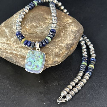 Navajo Green Turquoise Lapis Necklace with Opal Pendant | Sterling Silver | Native American Handmade | 14369