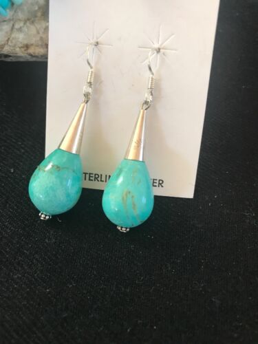 Navajo Sterling Silver Turquoise Bead Dangle Earrings | Southwestern Native American | 199