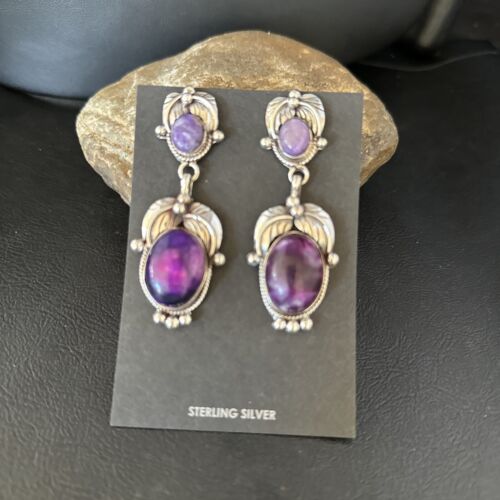 Navajo Purple Sugilite Dangle Earrings | Sterling Silver | 2" | Authentic Native American Handmade | 14405