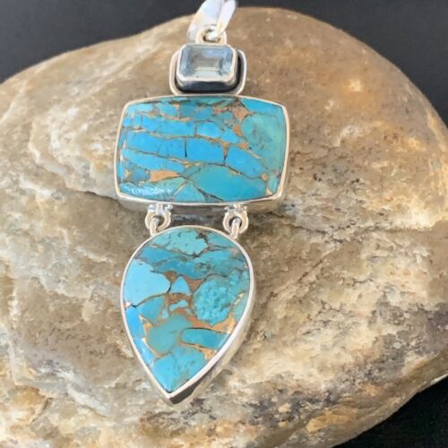 Navajo Blue Topaz Mojave Turquoise Pendant | Authentic Native American Sterling Silver | Multi-Stone | 10714