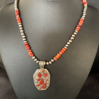 Navajo Red Coral & Spiny Oyster Necklace | Sterling Silver Bead | Authentic Native American Handmade | 13735