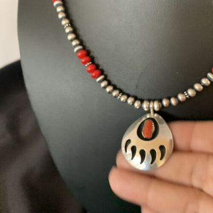 Bear Paw Red Coral Pendant for Men | Navajo Pearl Sterling Silver | Authentic Native American Handmade | 12589