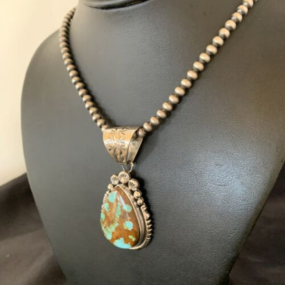 Navajo Pearls Necklace with Blue Royston Turquoise Pendant | Sterling Silver | Native American Handmade | 10764