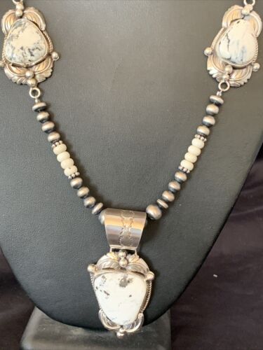Navajo Pearls White Buffalo Turquoise Necklace Pendant | Sterling Silver | Authentic Native American Handmade | 10868