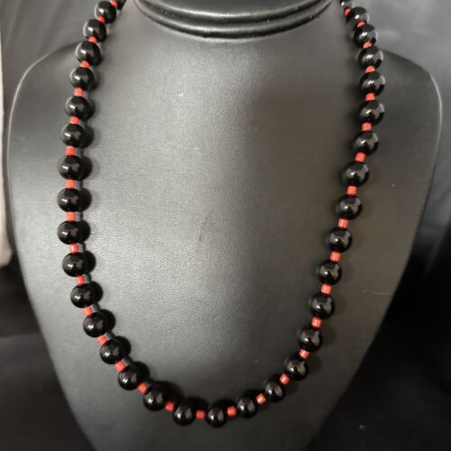Men's Navajo Bamboo Coral Black Onyx Necklace | Sterling Silver | 20" | Authentic Native American Handmade | 14365