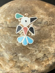 Zuni Peyote Bird Ring | Sterling Silver Coral Turquoise Onyx Mother of Pearl Inlay | Sz 5.5 | 10789