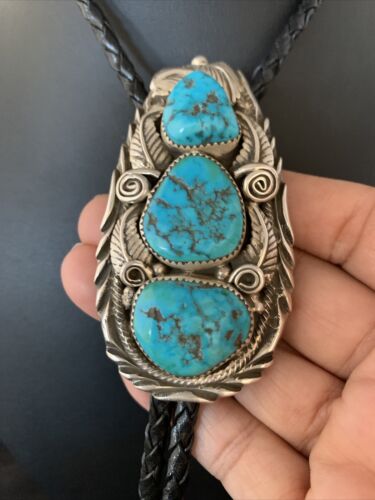 Ultra Rare Navajo Men's Bolo Tie | Blue Kingman Turquoise | Sterling Silver | Native American Handmade | 13668
