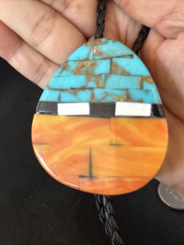 Men's Santo Domingo Bolo Tie | Turquoise Spiny Oyster | Sterling Silver Tips | Native American Handmade | 14632