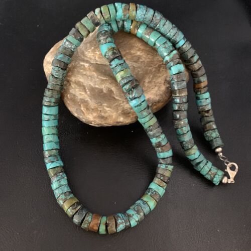 Native American Blue Turquoise Heishi Necklace | 12mm | 21" | Sterling Silver | 13473