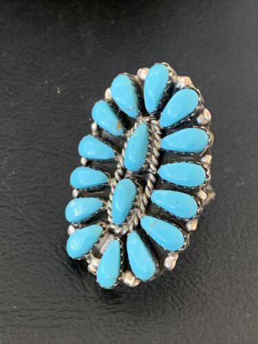 Navajo Blue Cluster Turquoise Needlepoint Ring | Authentic Native American Sterling Silver | Multi-Stone | Sz 6 | 11943