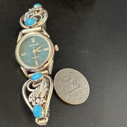Authentic Navajo Turquoise Feather Wrist Watch Tips Band | Sterling Silver | Native American Jewelry | 14314