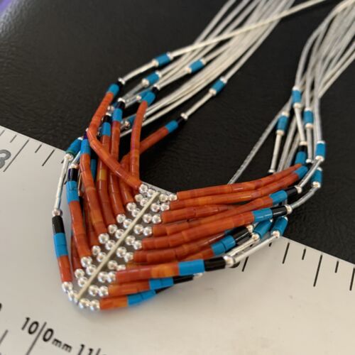 Multi-Color Liquid Silver Heishi Necklace | 10 Strand Sterling Tubes | Native American Handmade | 12300