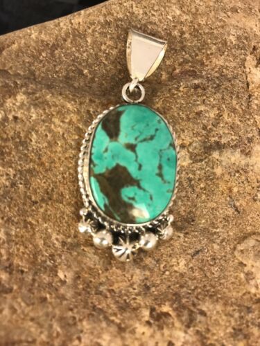 Navajo Green Turquoise Pendant | Sterling Silver | Authentic Native American Handmade | 3382