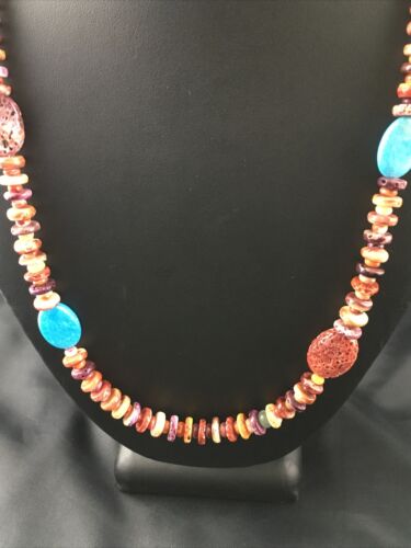 Navajo Turquoise | Purple Red Spiny Oyster Bead Necklace | Sterling Silver | 22" | 10143