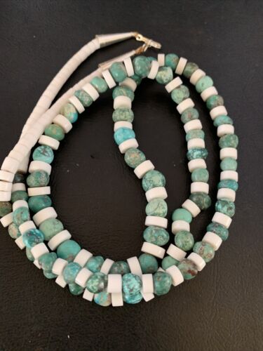 Authentic Native American Santo Domingo Necklace | Blue Turquoise & White Shell Beads | 34" | 13198