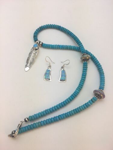 Navajo Opal & Turquoise Pendant Necklace & Earrings Set | Sterling Silver | Authentic Native American Handmade | 8905