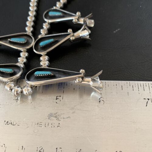 Navajo Squash Blossom Necklace & Earrings Set | Kingman Turquoise | Sterling Silver | Authentic Native American Handmade | 10925