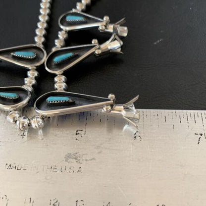 Navajo Squash Blossom Necklace & Earrings Set | Kingman Turquoise | Sterling Silver | Authentic Native American Handmade | 10925