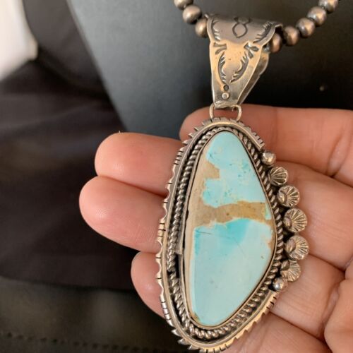 Men's Blue Royston Turquoise Pendant | Sterling Silver | 3" | Authentic Native American Handmade | 13938