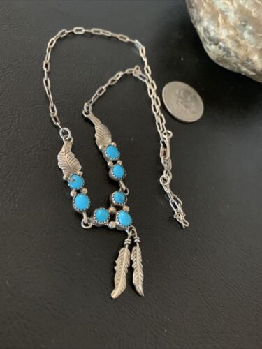 Old Pawn Navajo Blue Kingman Turquoise Necklace | Sterling Silver | 16" Chain | Authentic Native American Handmade | 1184