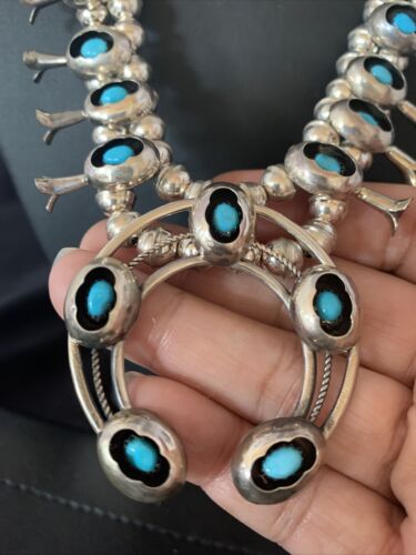 Navajo Kingman Turquoise Shadowbox Squash Blossom Necklace | Sterling Silver | Authentic Native American Handmade | 13108