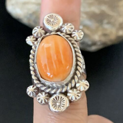 Navajo Orange Spiny Oyster Ring | Sterling Silver | Sz 7 | Authentic Native American Handmade | 13355