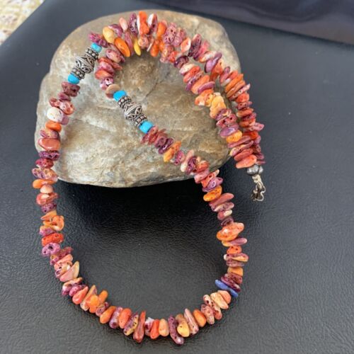 Navajo Spiny Oyster & Turquoise Necklace | Sterling Silver | 16" | Authentic Native American Handmade | 10693