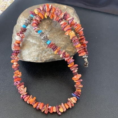 Navajo Spiny Oyster & Turquoise Necklace | Sterling Silver | 16" | Authentic Native American Handmade | 10693