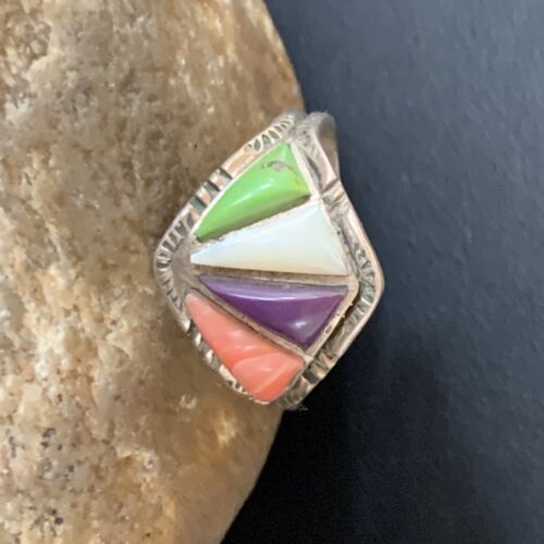 Navajo Multi-Color Gaspeite Sugilite Coral Mother of Pearl Inlay Ring | Sterling Silver | Sz 10.5 | 12397