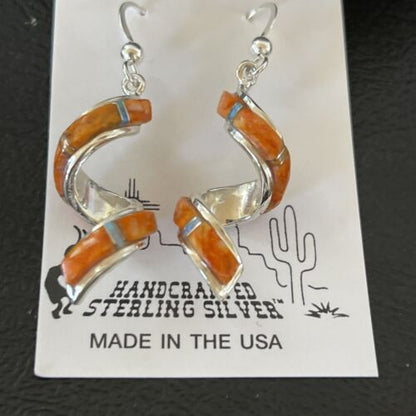 Navajo Snake Swirl Earrings | Orange Spiny Opal Inlay | Sterling Silver | 1.25" | Authentic Native American Handmade | 1549