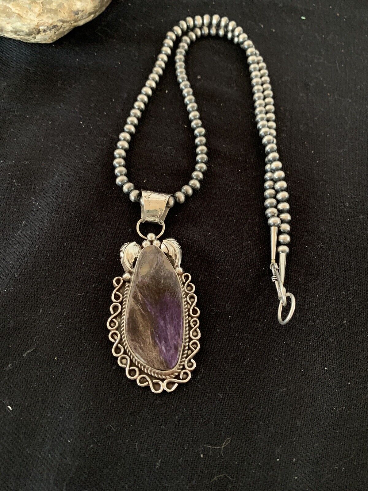 Navajo Pearls Necklace with Purple Charoite Pendant | Sterling Silver | Authentic Native American Handmade | 652