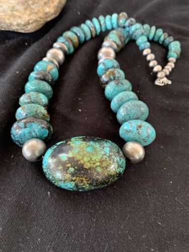 Navajo Pearl Graduated Sterling Silver Natural Blue Turquoise Necklace | Authentic Native American | 22" | 00706