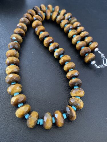 Southwestern Navajo Tigers Eye Necklace with Turquoise | Sterling Silver | 19" | 1496