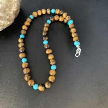 Navajo | Sterling Silver Necklace | Brown Tiger's Eye & Blue Turquoise | 20" | Authentic Native American Handmade | 13895