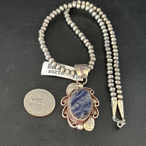Navajo Denim Lapis Pendant Necklace | Sterling Silver Beads | Authentic Native American Handmade | 1208