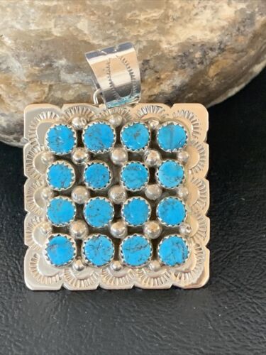 Navajo Blue Turquoise Cluster Pendant | Sterling Silver | 2" | Authentic Native American Handmade | 02098