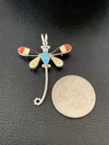 Zuni Turquoise Yellow Mother of Pearl Inlay Dragonfly Necklace Pin Pendant | Sterling Silver | 12323