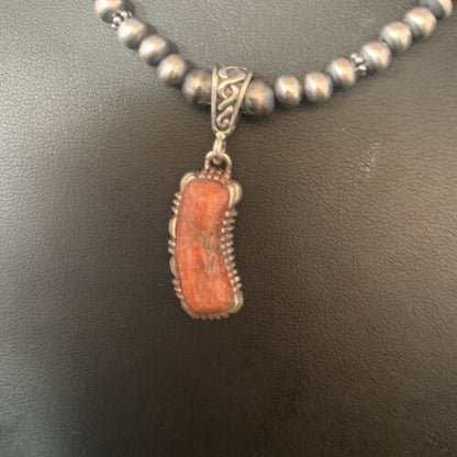 Red Apple Coral & Navajo Pearls Sterling Silver Bead Necklace with Pendant | Authentic Native American | 13437