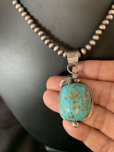 Men's Blue Turquoise #8 Necklace Pendant | Sterling Silver Navajo Pearls | Native American Handmade | 13765