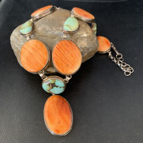 Navajo Lariat Necklace with Green Royston Turquoise & Spiny Oyster Pendant | Sterling Silver | 20" | 13888